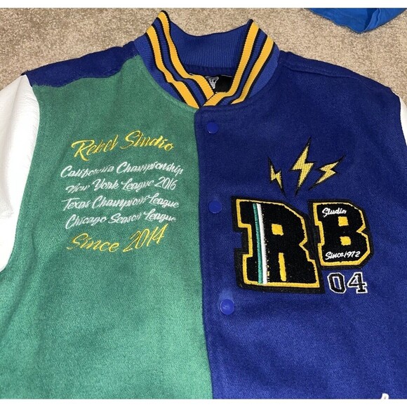 Rebel Minds (M) Velocity Varsity Jacket Blue Leather Embroidered Cobra See Desc - Picture 3 of 16